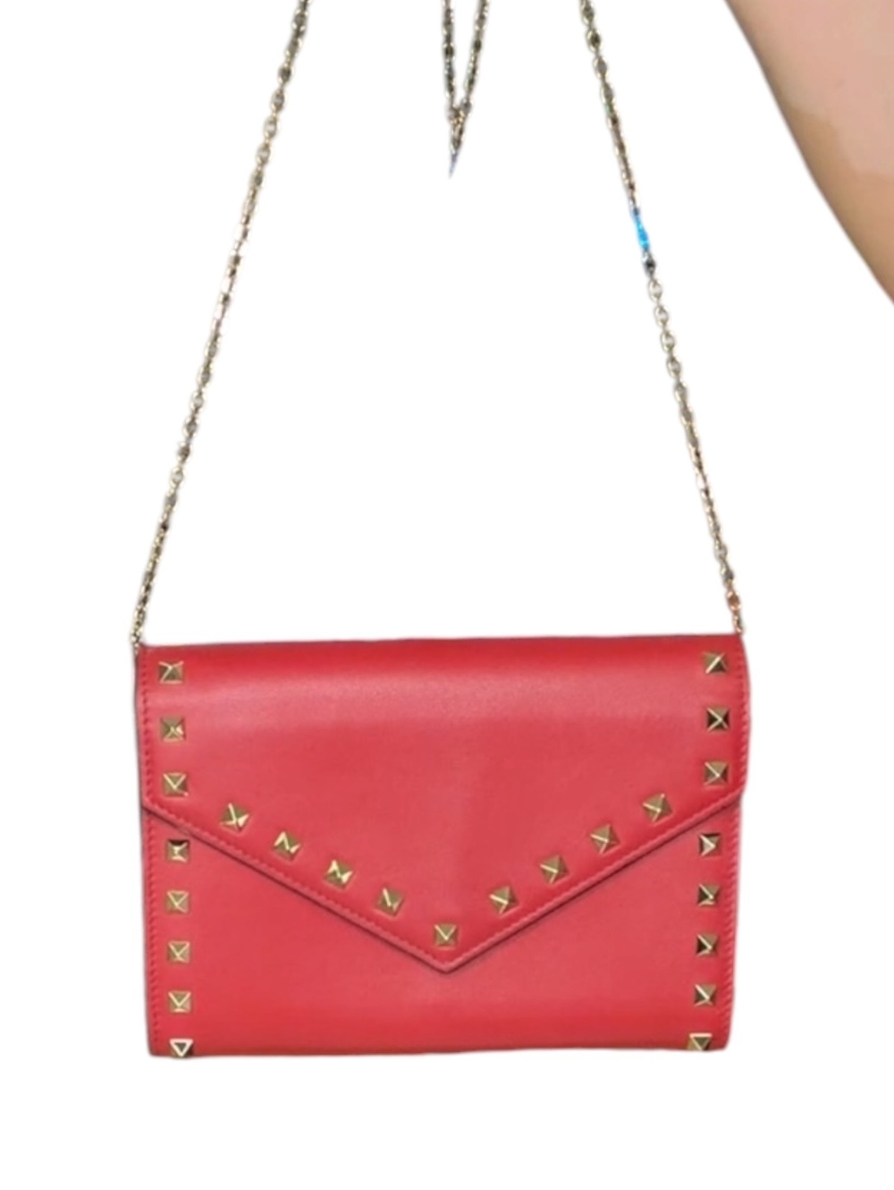 Valentino Garavani Rockstud Red Leather Crossbody Bag with Gold Chain